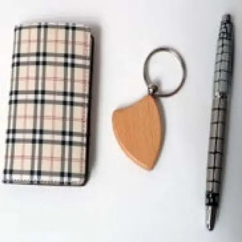 Desk Set with Wooden Keychain Card Holder and Silver Pen -